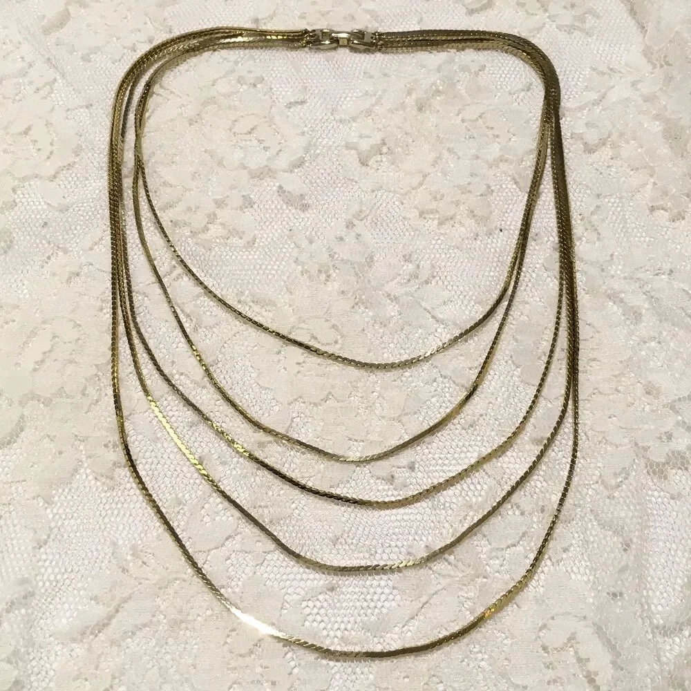 Vintage Multi-Chain Layer Necklace Gold Clasp 5 Strands Minimalist Everyday